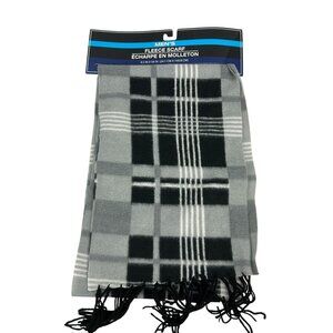 Mens Fleece Scarf Black & Gray Plaid Polyester 9.5"x59"